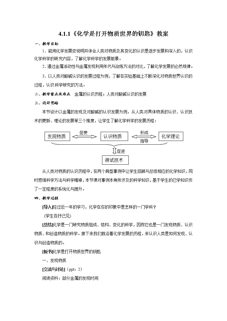 4.1.1 化学是打开物质世界的钥匙　　教案01