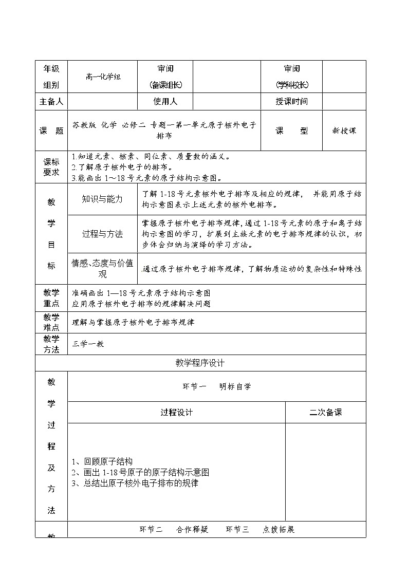 1.1.1 原子核外电子排布（教案，苏教必修2）01