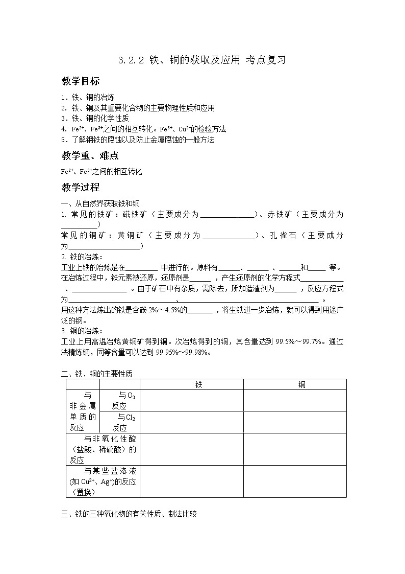 3.2 铁、铜的获取及应用 考点复习 教案01