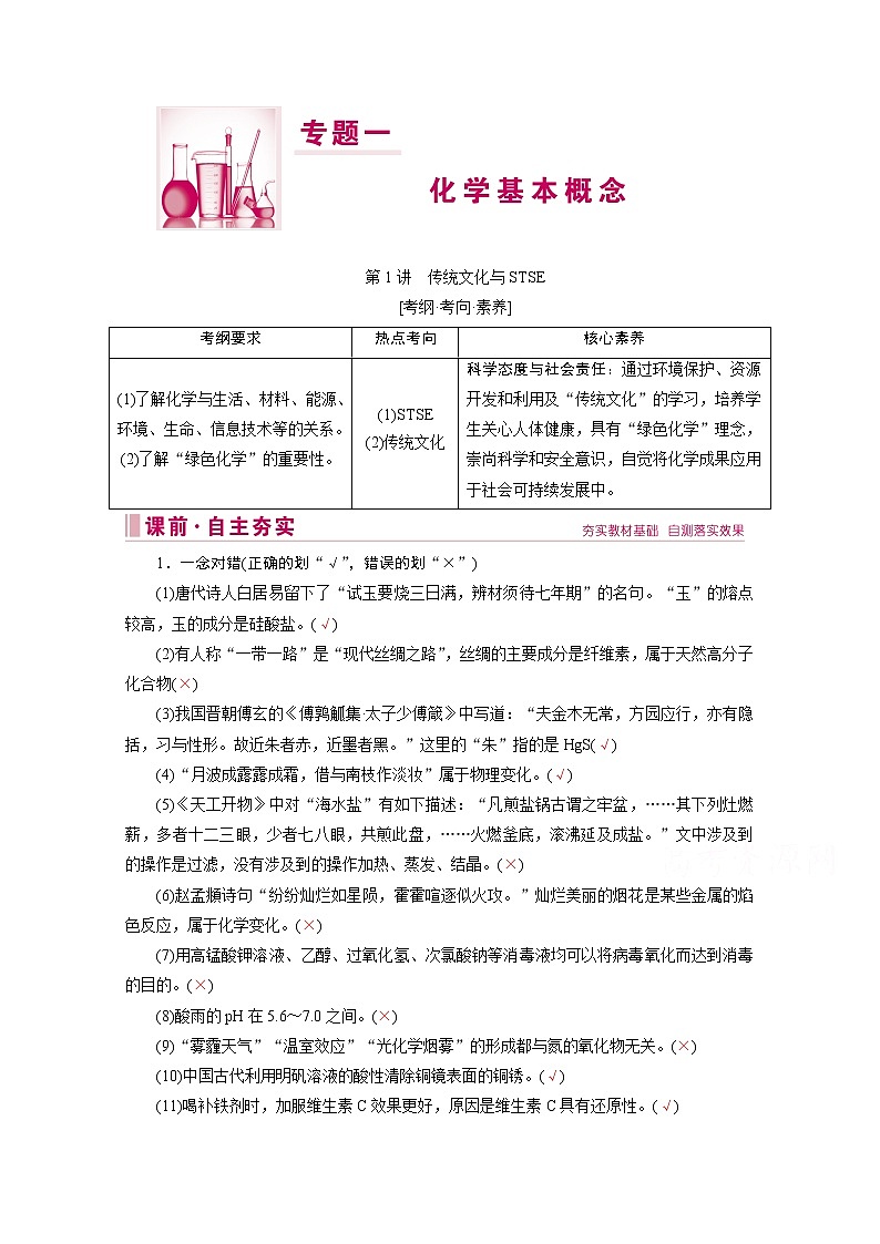 2020届高考化学二轮复习教师用书：第1讲　传统文化与STSE第1页