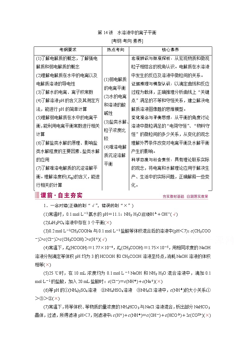 2020届高考化学二轮复习教师用书：第14讲　水溶液中的离子平衡第1页