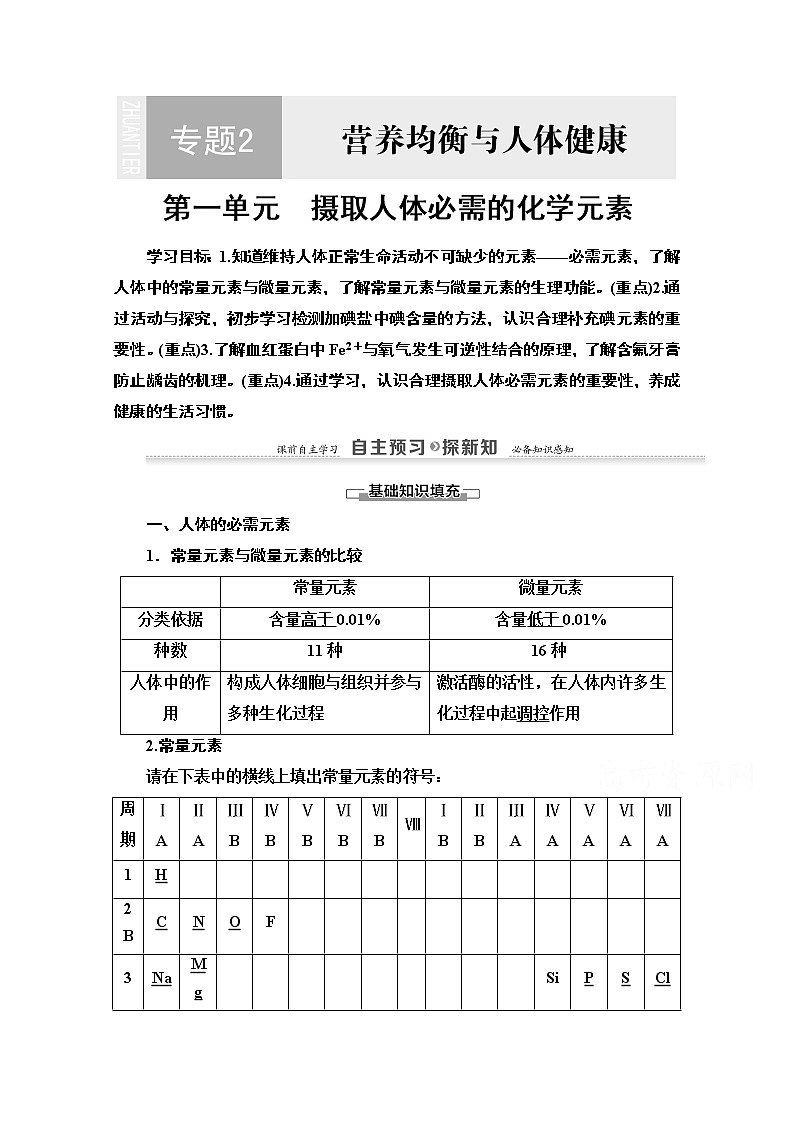 2020-2021学年化学苏教版选修1教师用书：专题2第1单元　摄取人体必需的化学元素01