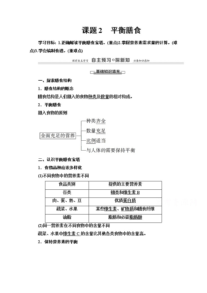 2020-2021学年化学鲁科版选修一教师用书：主题2课题2　平衡膳食01