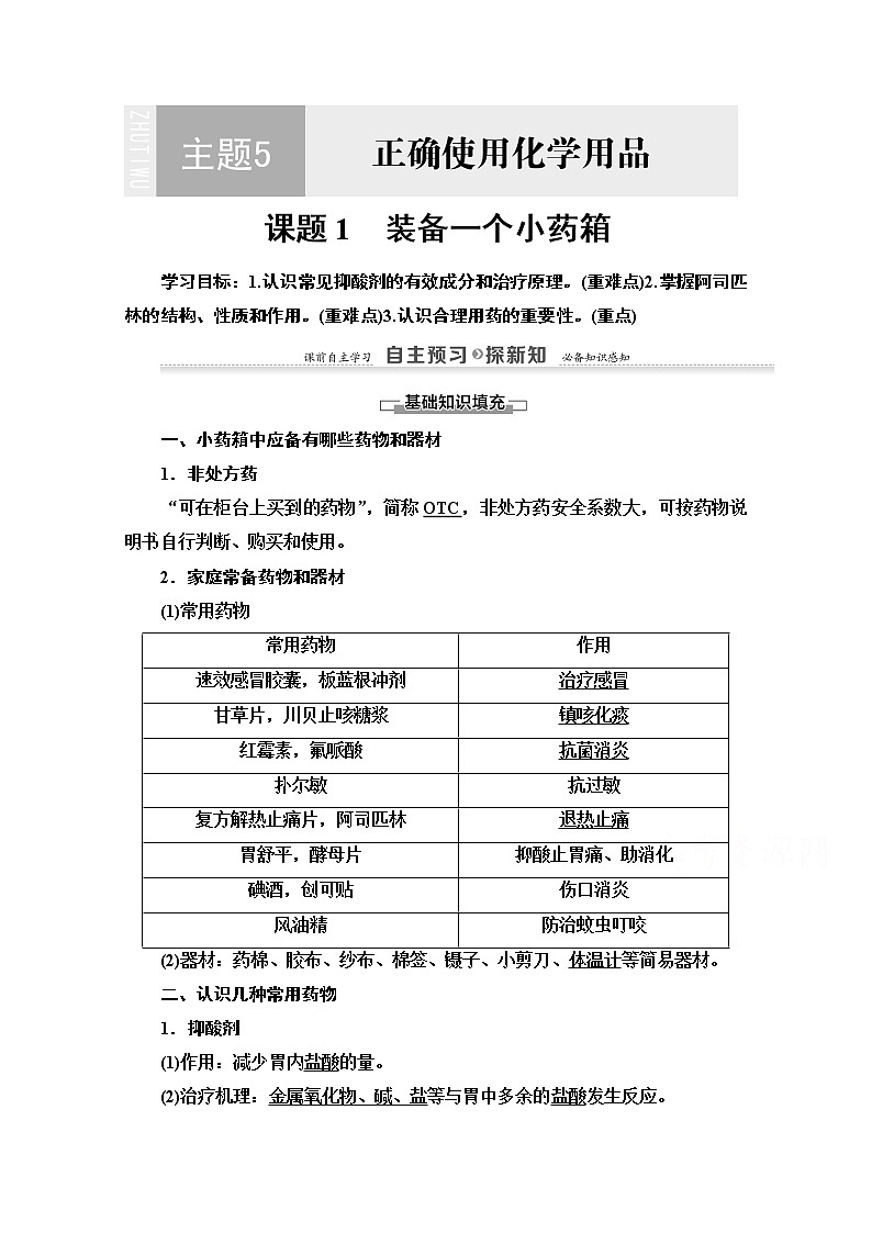 2020-2021学年化学鲁科版选修一教师用书：主题5课题1　装备一个小药箱01