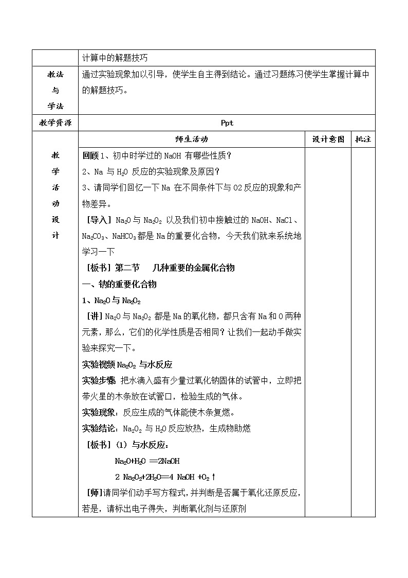 陕西省石泉县江南高级中学高中化学必修一教案：3.2几种重要的金属化合物（第1课时）02