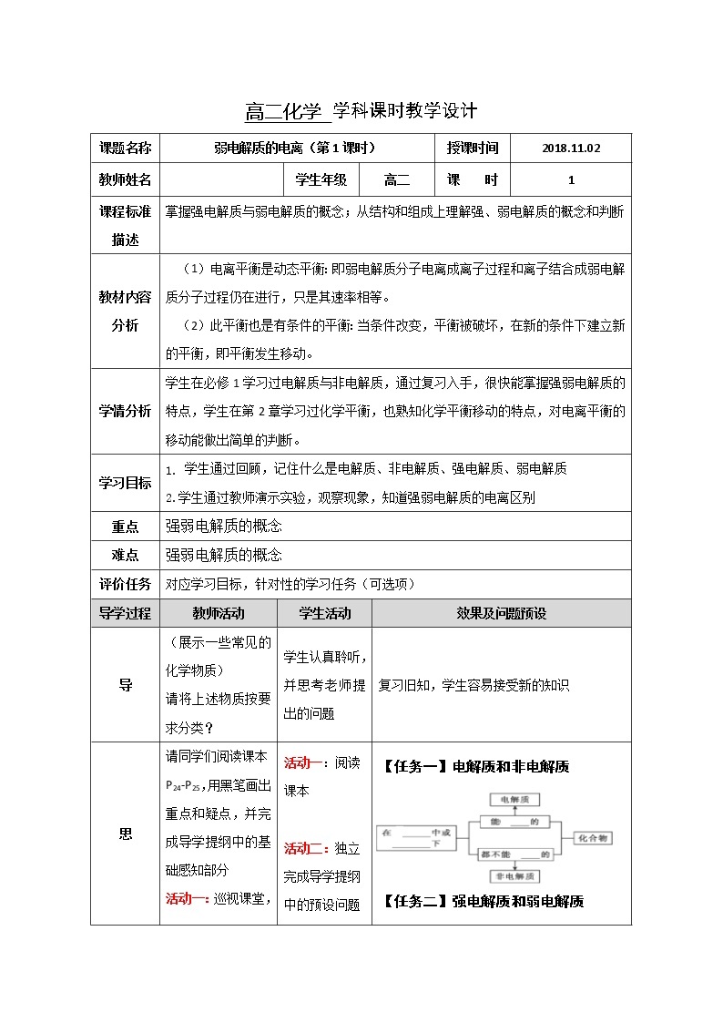 湖北省武汉为明学校高中化学选修43.1弱电解质的电离（第1课时）教学设计01