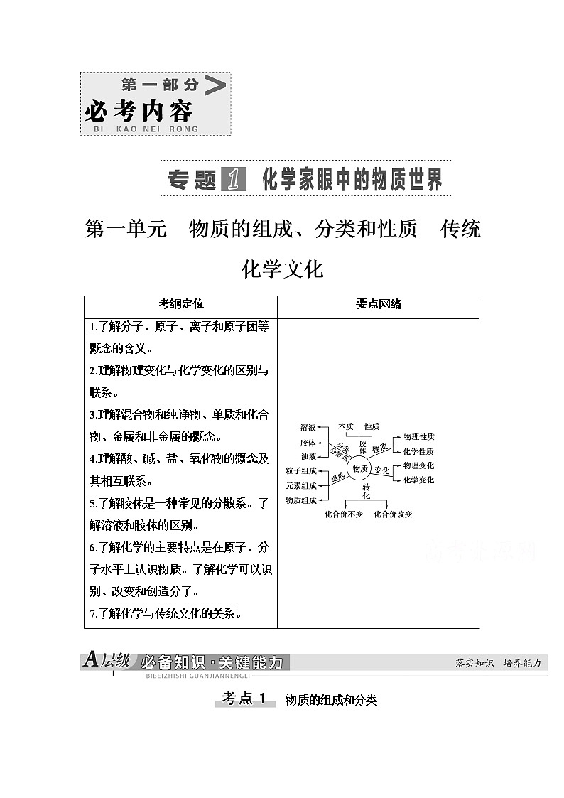2021届高考化学（江苏专用）一轮教师用书：专题1第1单元　物质的组成、分类和性质　传统化学文化01