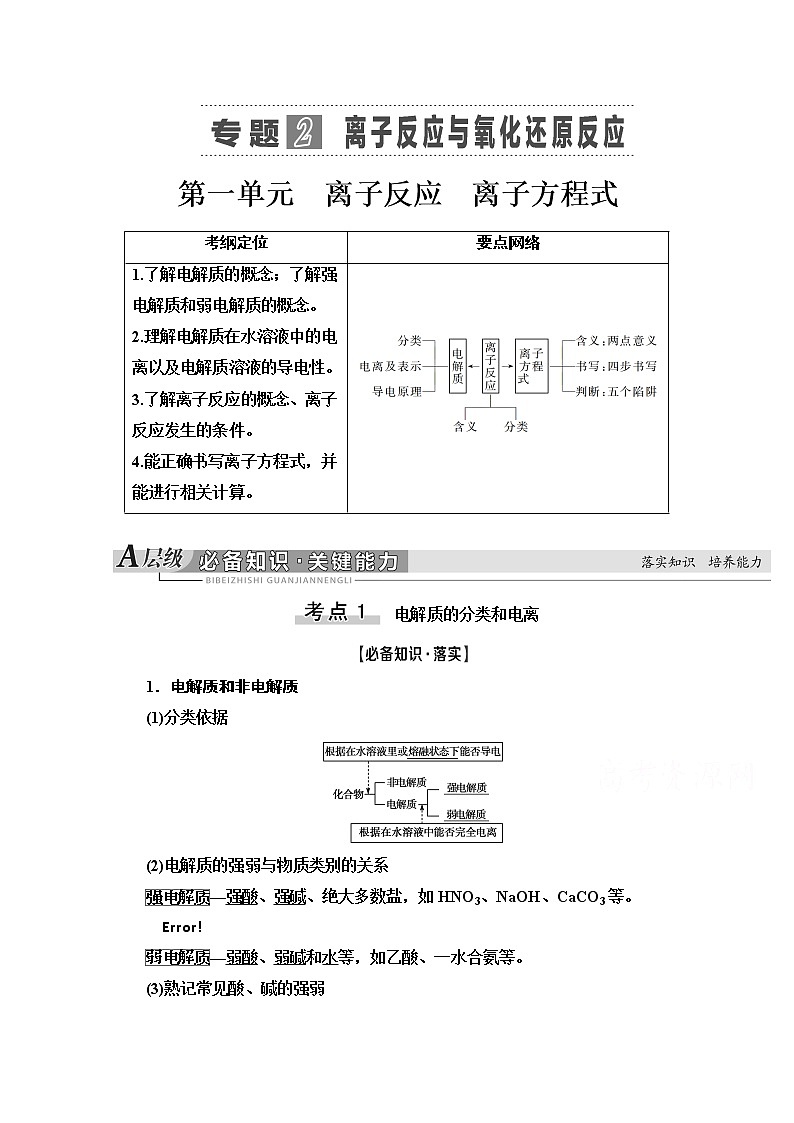 2021届高考化学（江苏专用）一轮教师用书：专题2第1单元　离子反应　离子方程式01