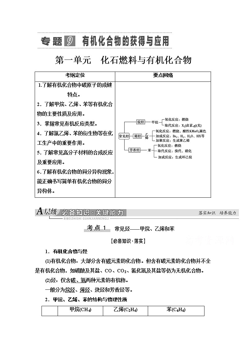 2021届高考化学（江苏专用）一轮教师用书：专题9第1单元　化石燃料与有机化合物第1页