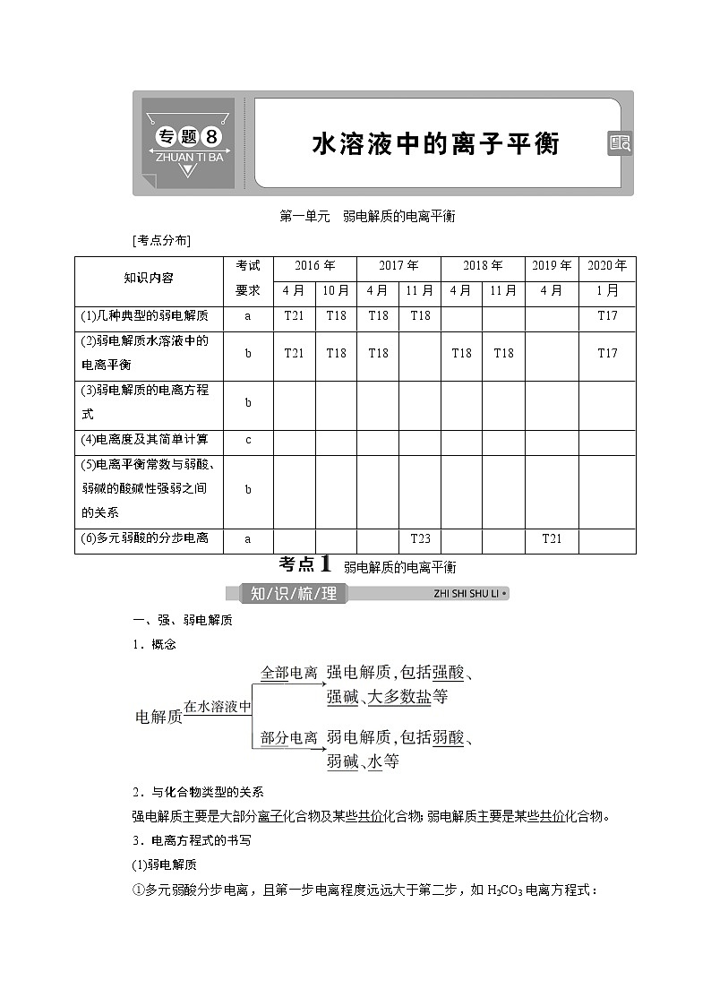 2021版浙江高考选考化学一轮复习教师用书：专题81第一单元　弱电解质的电离平衡第1页