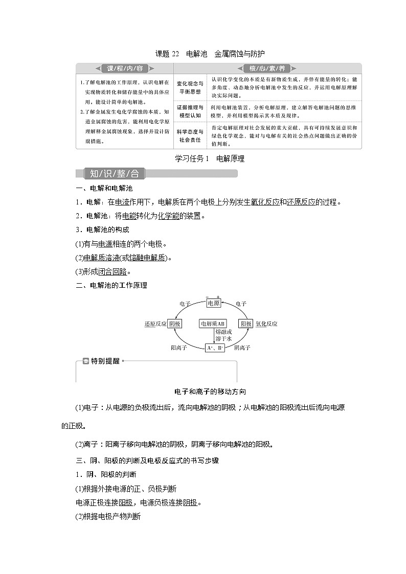 2021版新高考地区选考化学（人教版）一轮复习教师用书：课题22　电解池　金属腐蚀与防护01