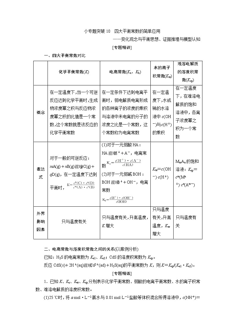 2021版新高考地区选考化学（人教版）一轮复习教师用书：小专题突破10　四大平衡常数的简单应用01