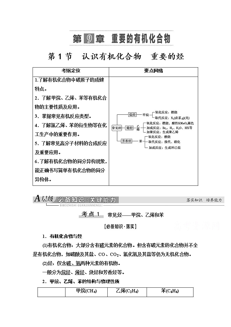 2021版高考化学鲁科版一轮教师用书：第9章第1节　认识有机化合物　重要的烃第1页