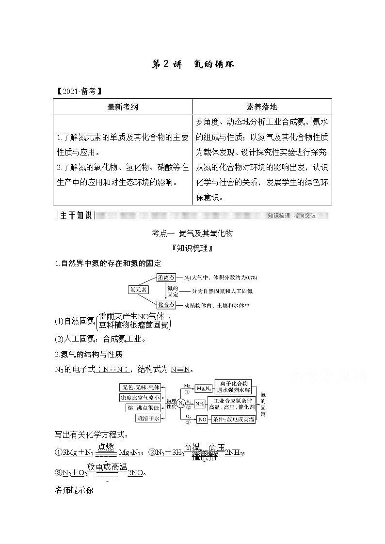 2021新高考化学鲁科版一轮复习学案：第3章第2讲　氮的循环第1页