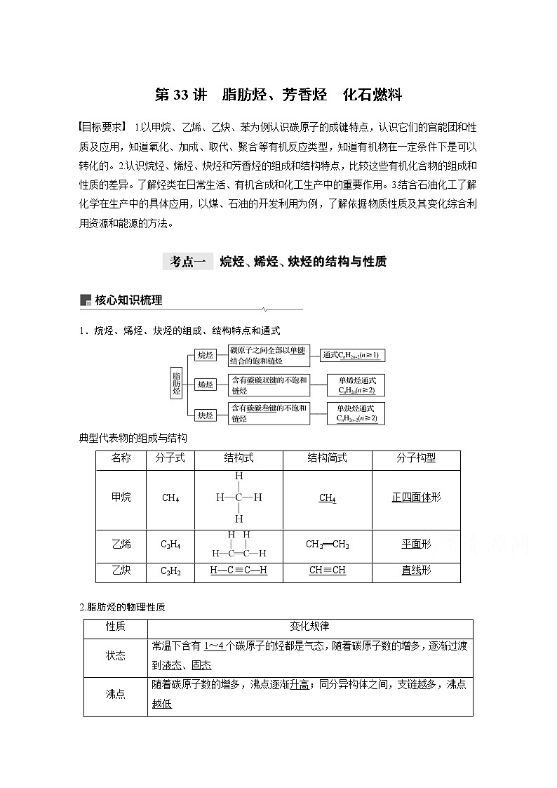 2021新高考化学鲁科版一轮复习学案：第10章第33讲脂肪烃、芳香烃　化石燃料01