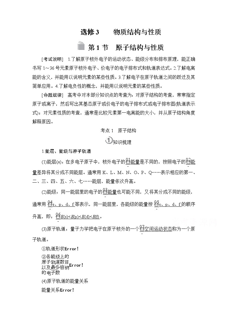 2021高三全国统考化学（经典版）一轮学案：选修3第1节　原子结构与性质01
