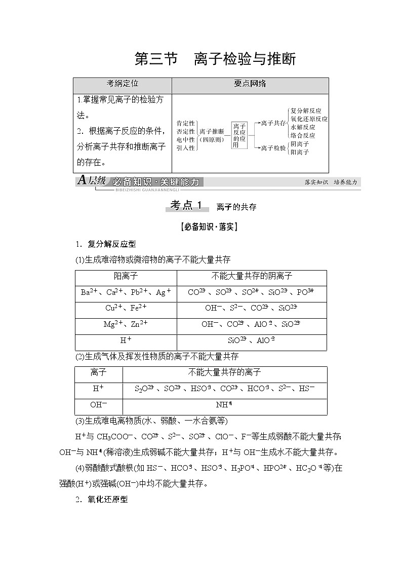 2021版新高考化学（人教版）一轮复习教师用书：第1部分第2章第3节离子检验与推断01