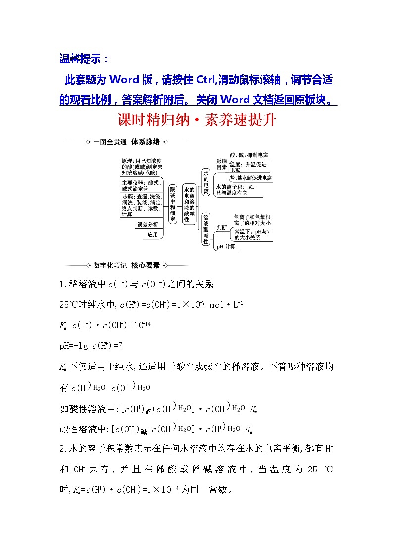 2021版化学名师讲练大一轮复习方略人教通用版课时精归纳·素养速提升8.2水的电离和溶液的酸碱性01