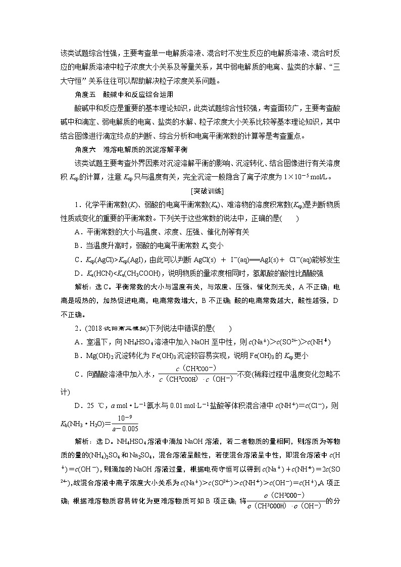 2019版高考化学一轮精选教师用书苏教专用：专题86突破全国卷专题讲座（八）　水溶液中的离子平衡的综合应用02