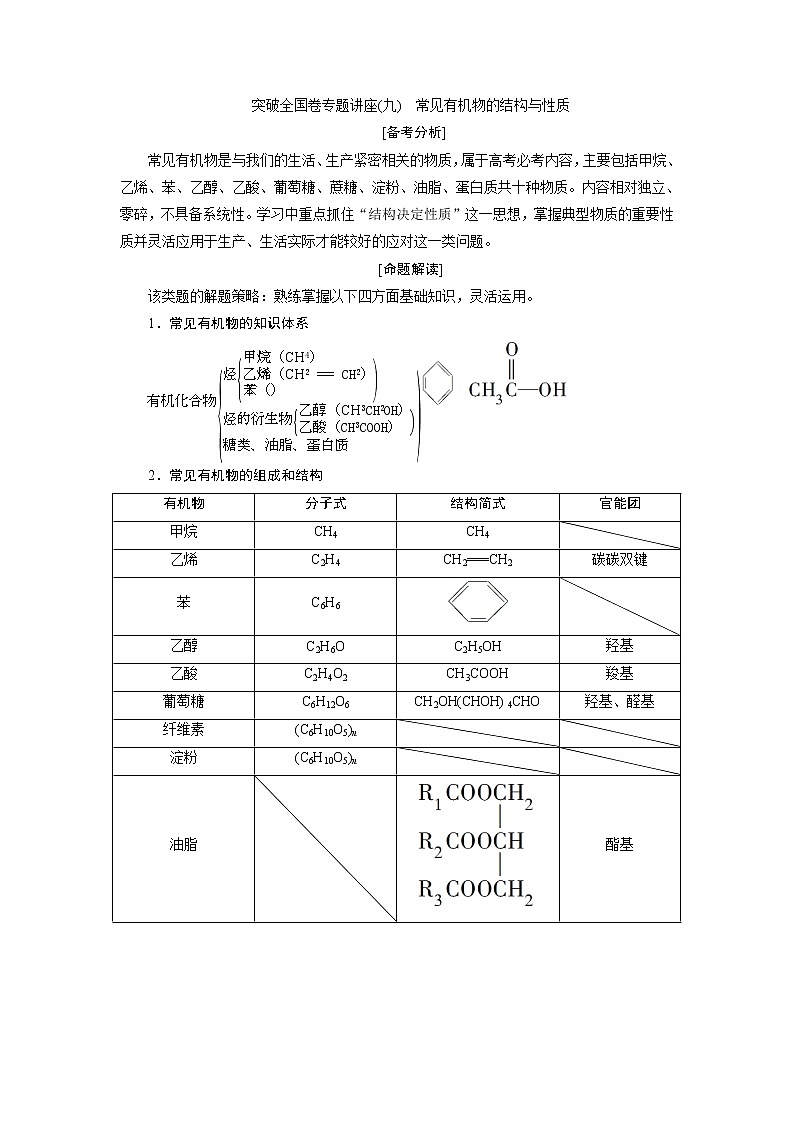 2019版高考化学一轮精选教师用书苏教专用：专题93突破全国卷专题讲座（九）　常见有机物的结构与性质01