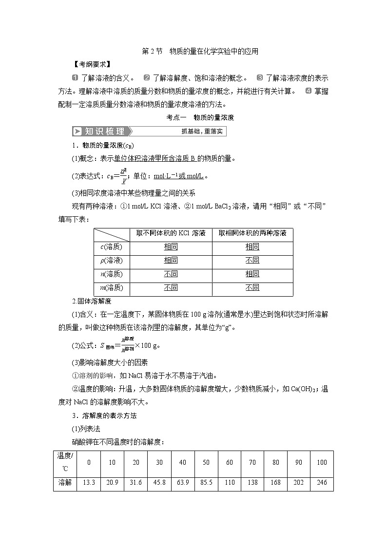 2019版高考化学一轮精选教师用书人教通用：第一章化学计量在实验中的应用第2节　物质的量在化学实验中的应用01