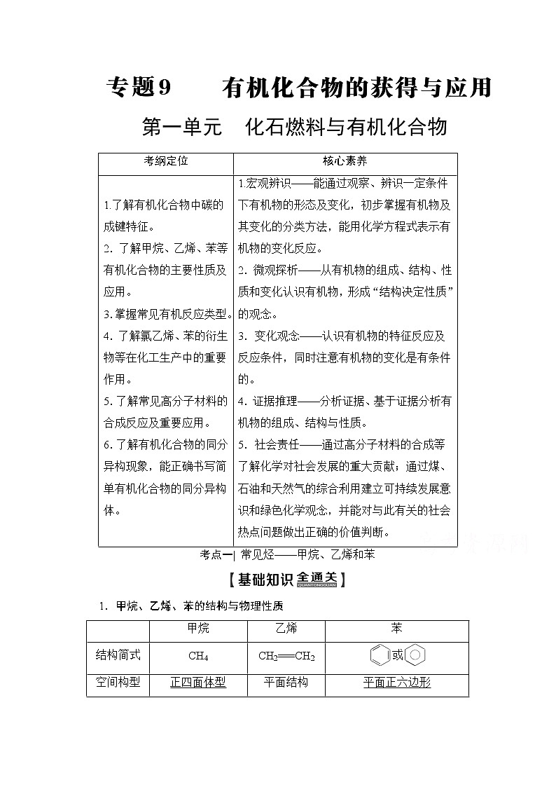 2020版新一线高考化学（苏教版）一轮复习讲义：第1部分专题9第1单元化石燃料与有机化合物01