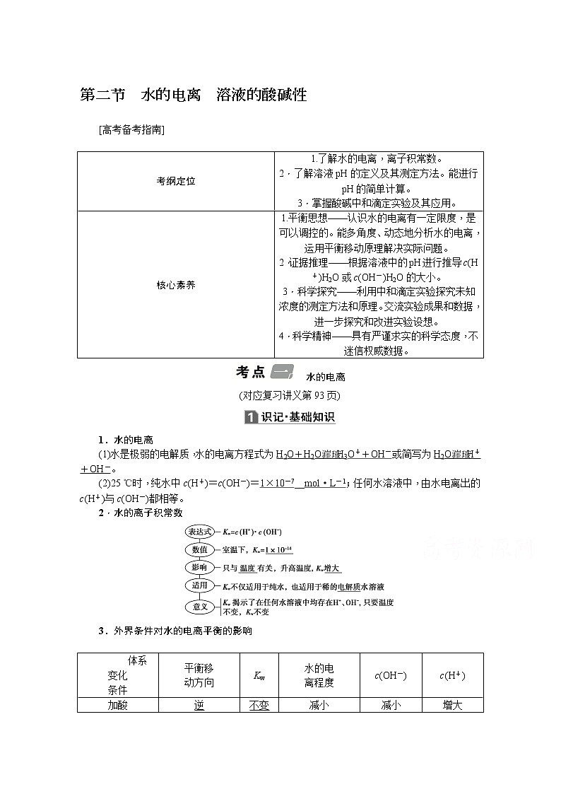 2020版《名师导学》高考新课标化学第一轮总复习讲义：第8章第二节　水的电离　溶液的酸碱性01