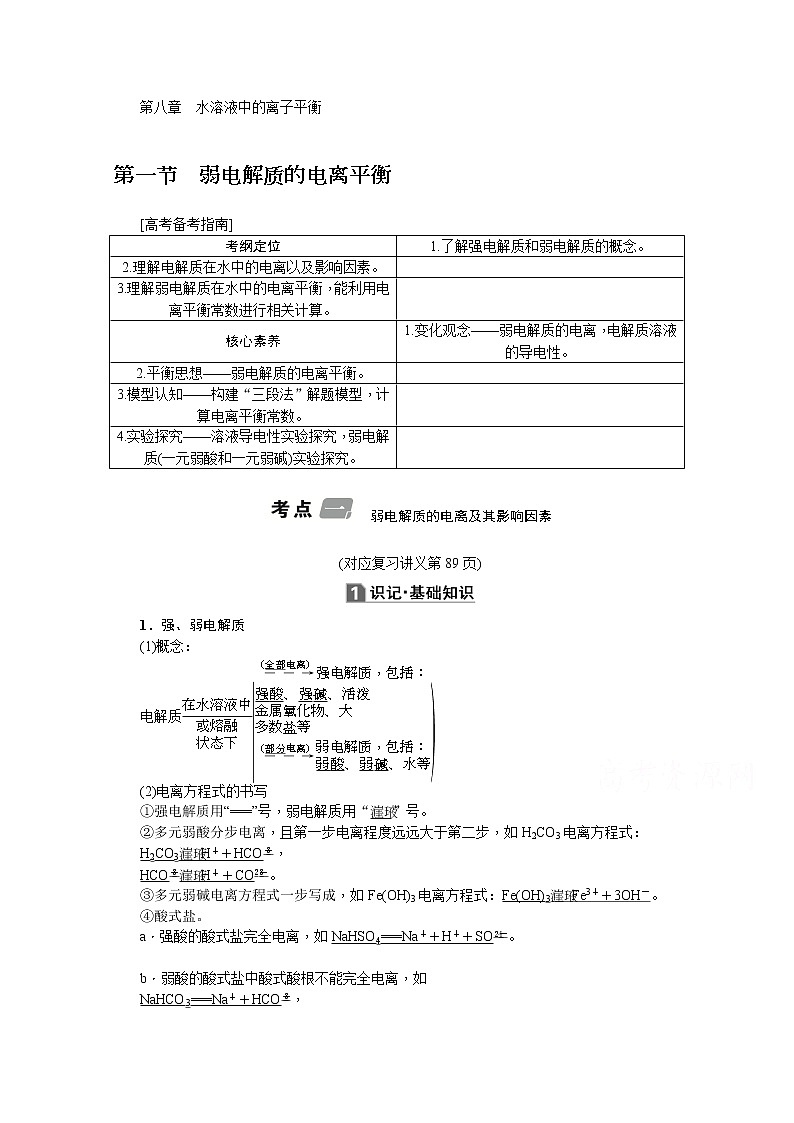 2020版《名师导学》高考新课标化学第一轮总复习讲义：第8章第一节　弱电解质的电离平衡01