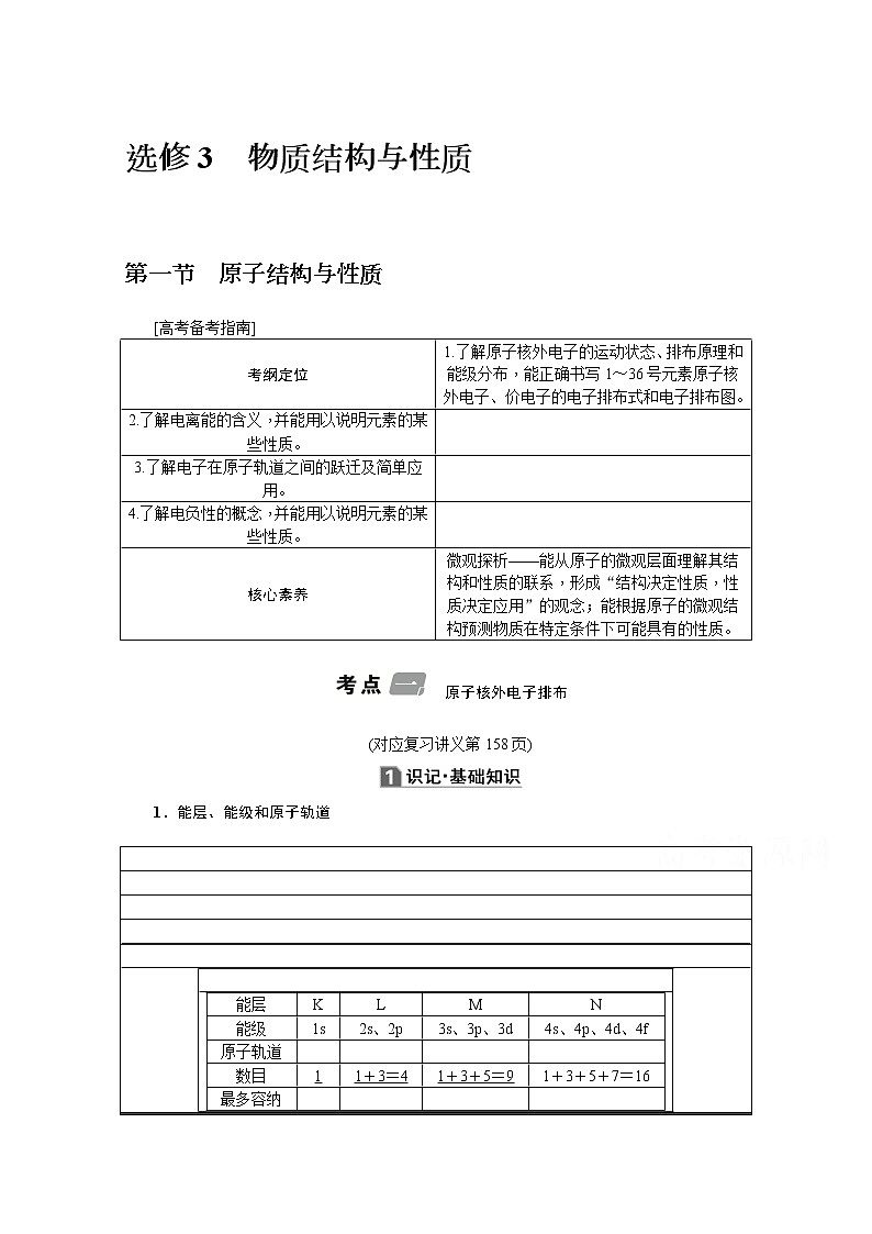 2020版《名师导学》高考新课标化学第一轮总复习讲义：选修3_第一节　原子结构与性质01