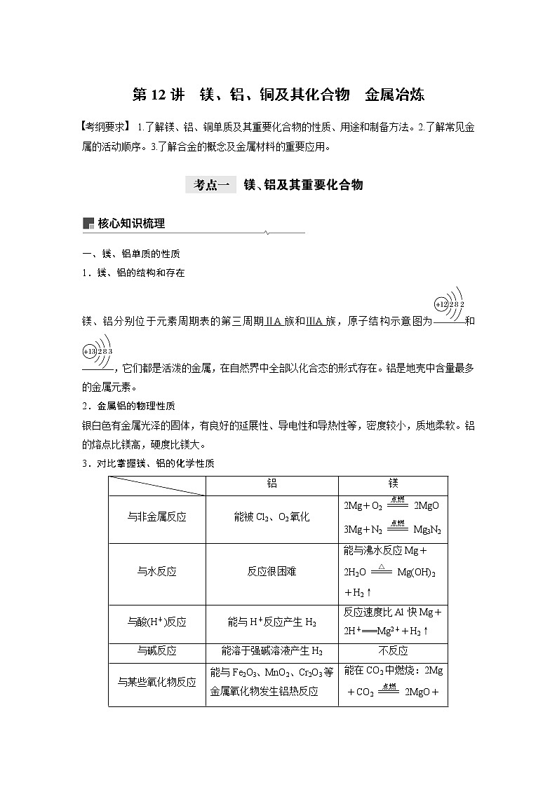 2021年高考化学一轮复习讲义 第3章 第12讲　镁、铝、铜及其化合物　金属冶炼第1页