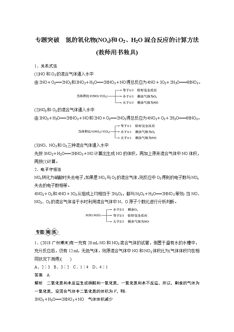 2021年高考化学一轮复习讲义 第4章 专题突破 氮的氧化物(NOx)和O2、H2O混合反应的计算方法01