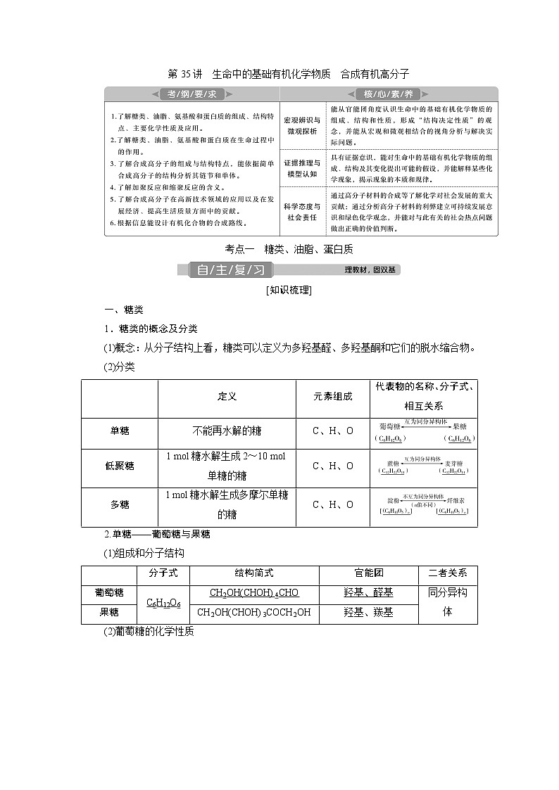 2021版高考化学（人教版）一轮复习（课件+学案+课后检测）第35讲　生命中的基础有机化学物质　合成有机高分子 (共3份打包)01