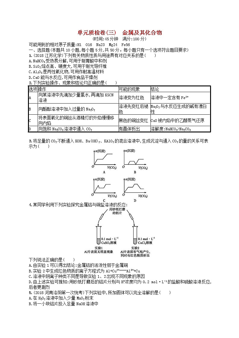 2019年高考化学一轮复习单元质检卷3《金属及其化合物》(含解析)01