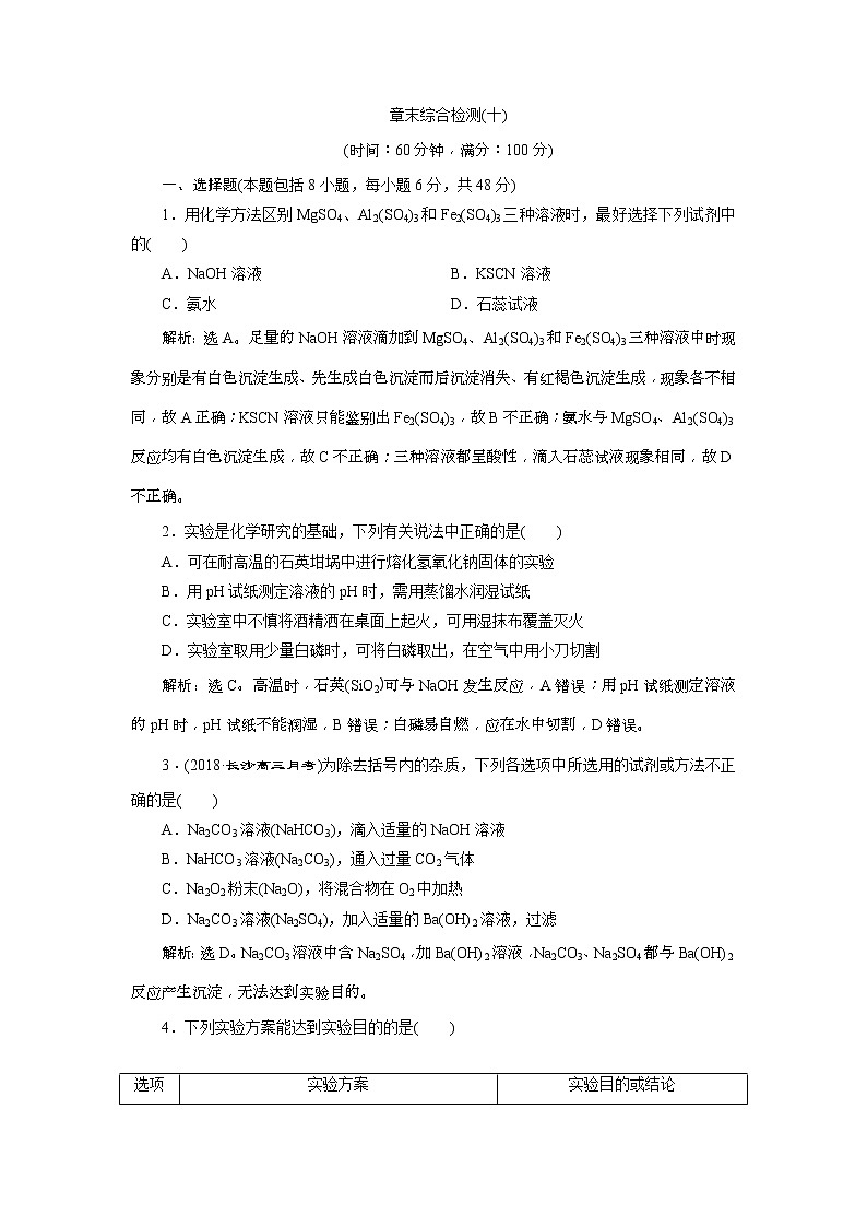 2019版高考化学一轮复习方案：第10章 化学实验 7 章末综合检测（十）(含解析)01