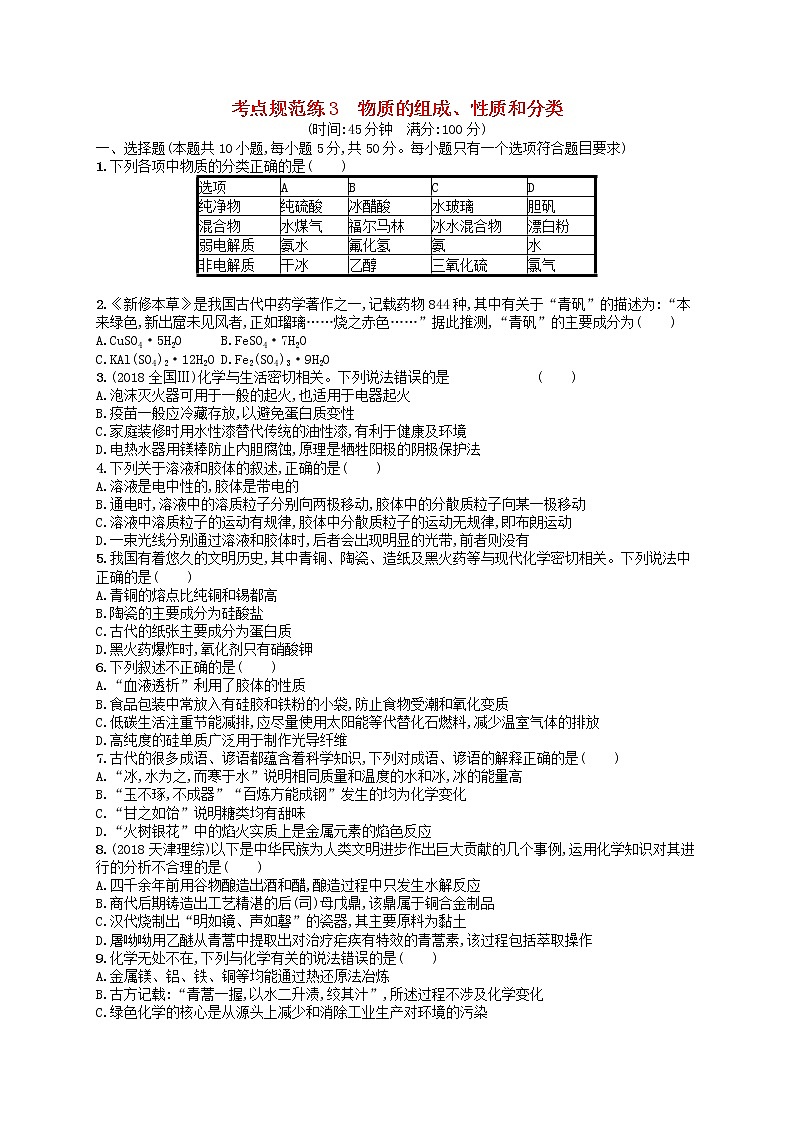 2020高考化学一轮复习考点规范练03《物质的组成性质和分类》(含解析)01