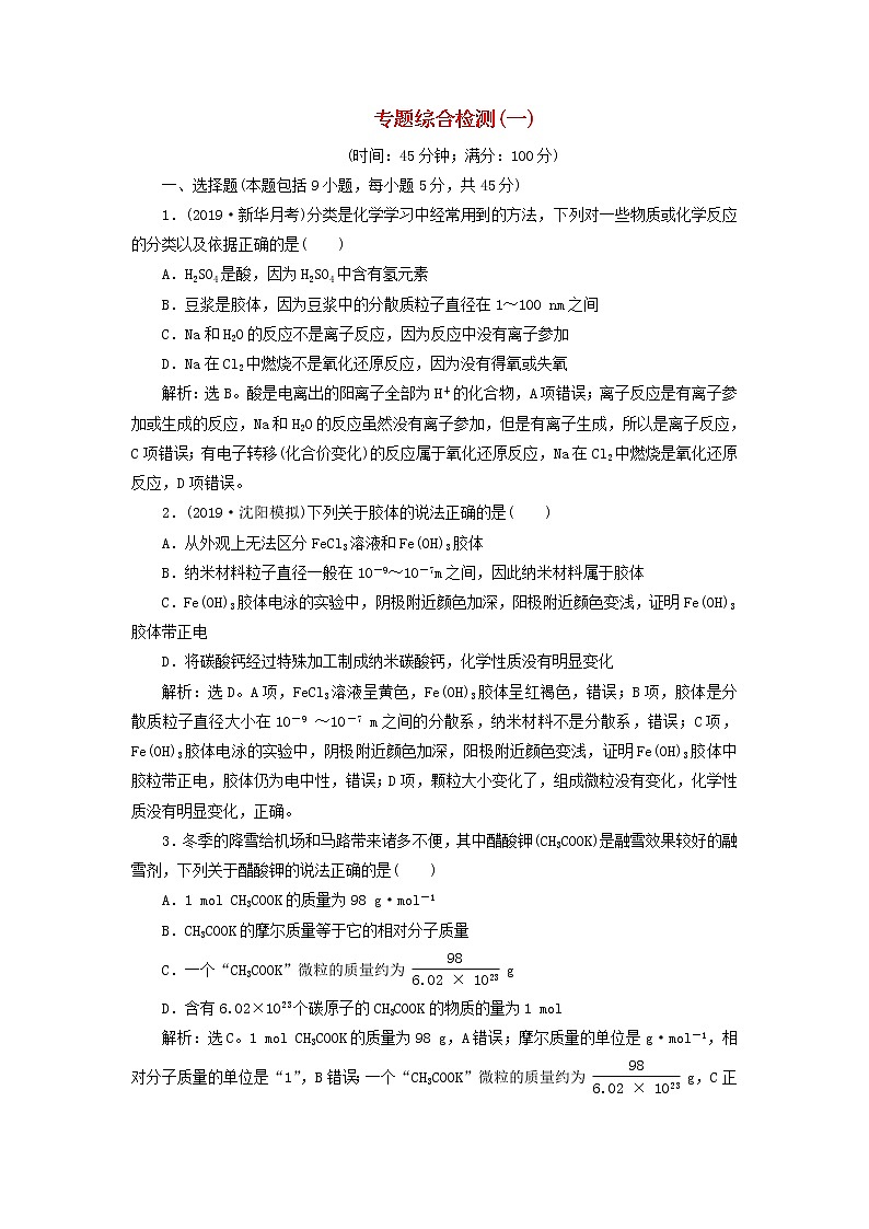 (苏教版)2020版高考化学新探究大一轮复习专题综合检测1（含解析）01
