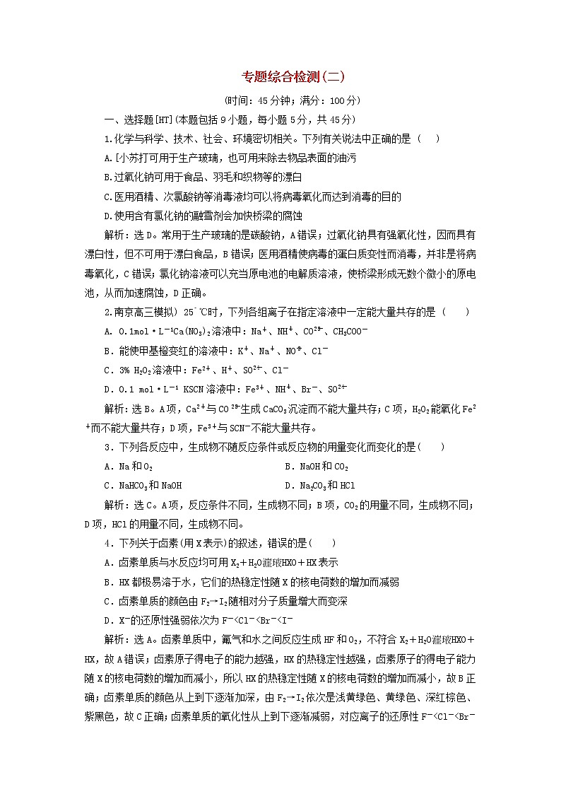 (苏教版)2020版高考化学新探究大一轮复习专题综合检测2（含解析）01