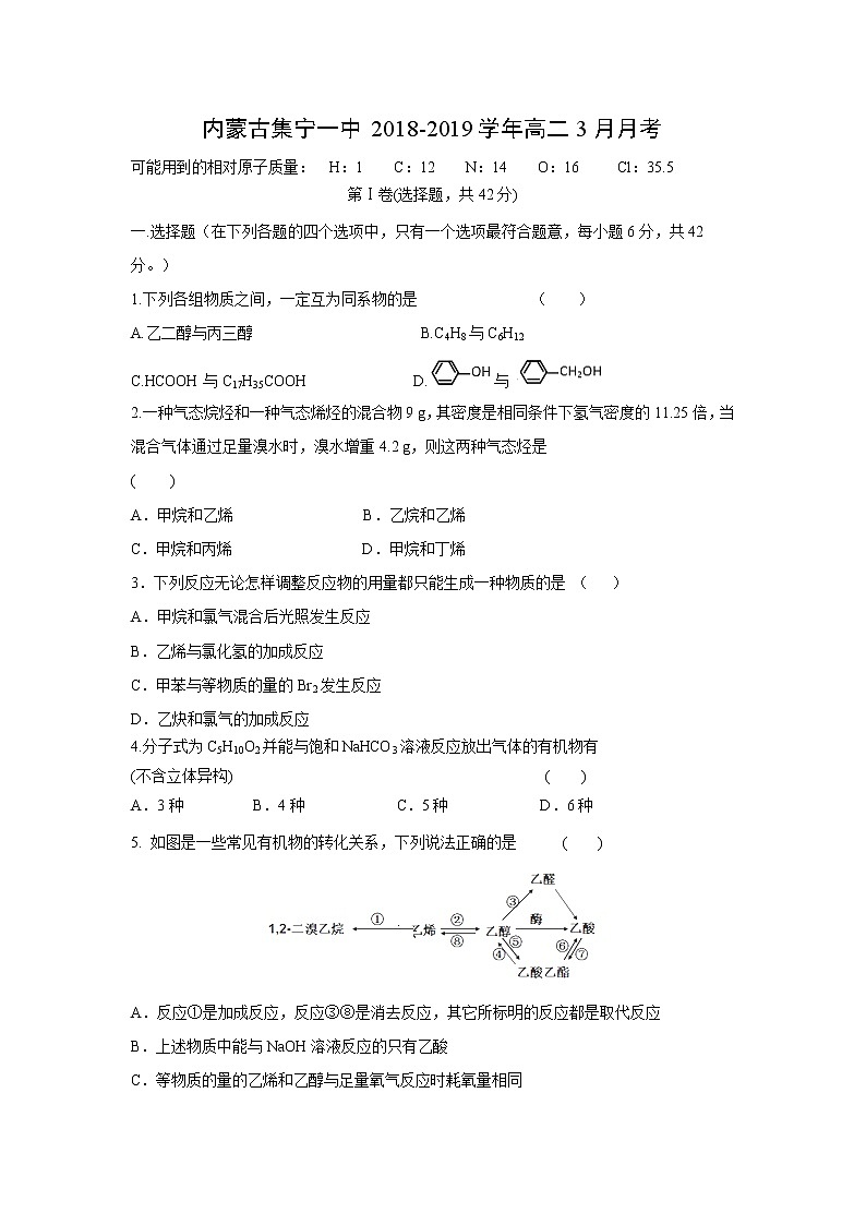 【化学】内蒙古集宁一中2018-2019学年高二3月月考 试卷01