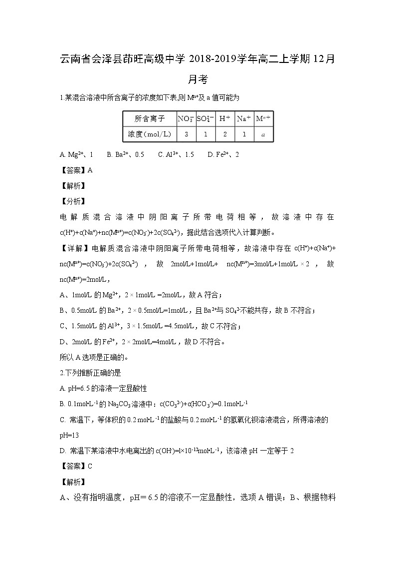 【化学】云南省会泽县茚旺高级中学2018-2019学年高二上学期12月月考（解析版）第1页