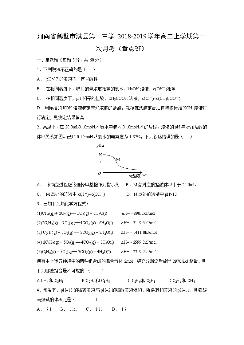 【化学】河南省鹤壁市淇县第一中学2018-2019学年高二上学期第一次月考（重点班）(解析版)第1页