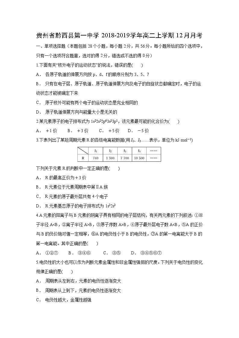 【化学】贵州省黔西县第一中学2018-2019学年高二上学期12月月考 试卷01