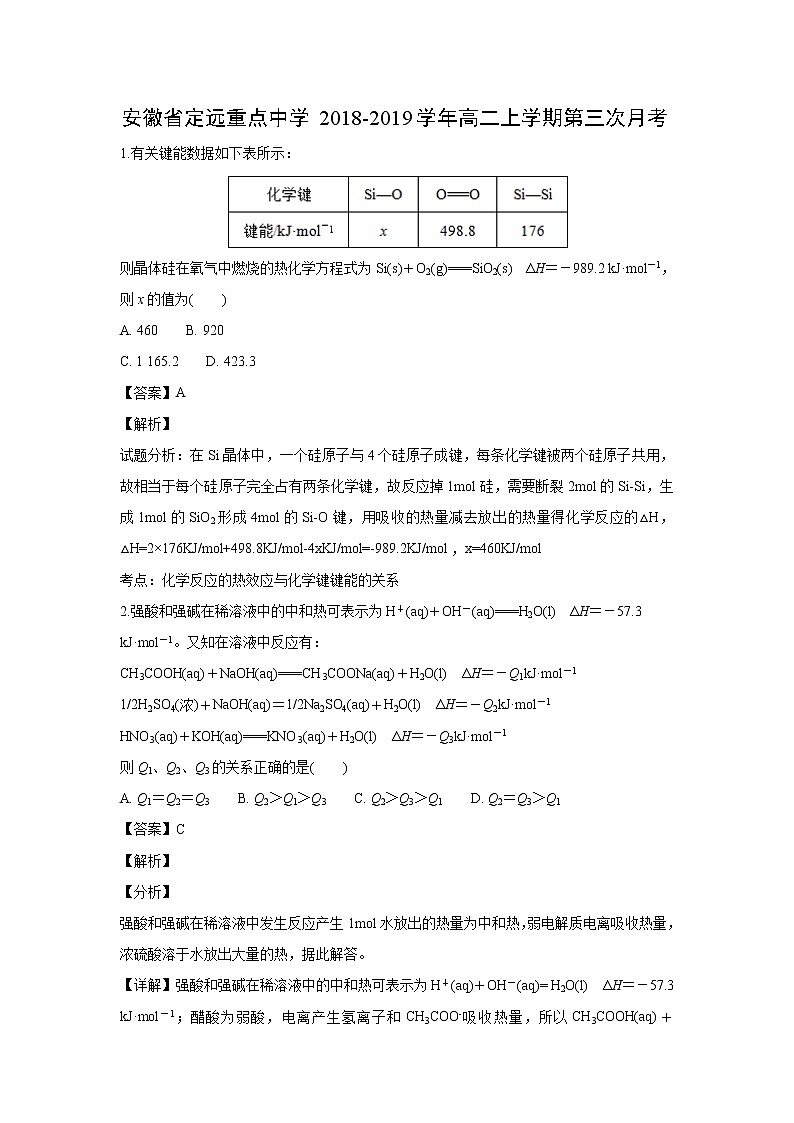 【化学】安徽省定远重点中学2018-2019学年高二上学期第三次月考（解析版） 试卷01