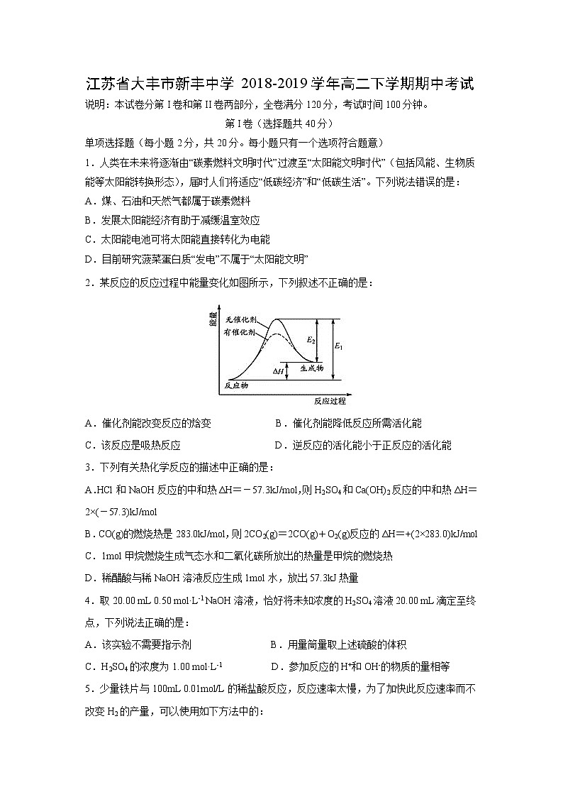 【化学】江苏省大丰市新丰中学2018-2019学年高二下学期期中考试01