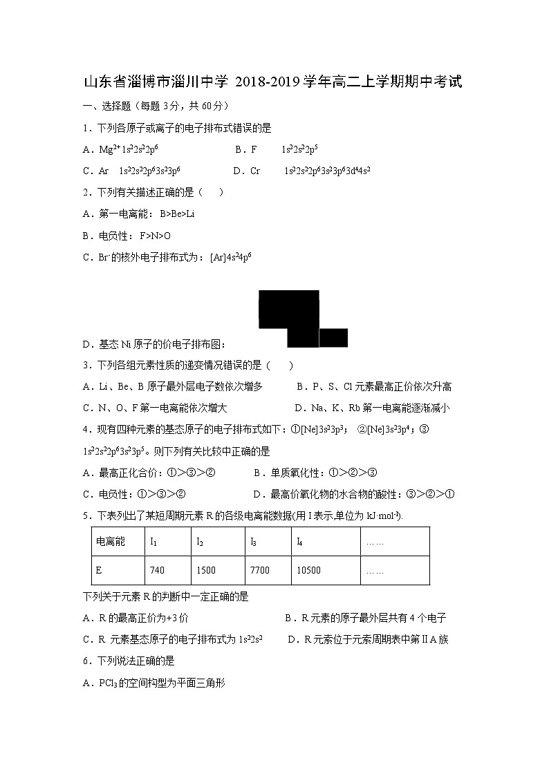 【化学】山东省淄博市淄川中学2018-2019学年高二上学期期中考试01