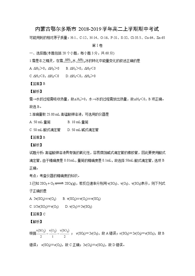 【化学】内蒙古鄂尔多斯市2018-2019学年高二上学期期中考试（解析版）01