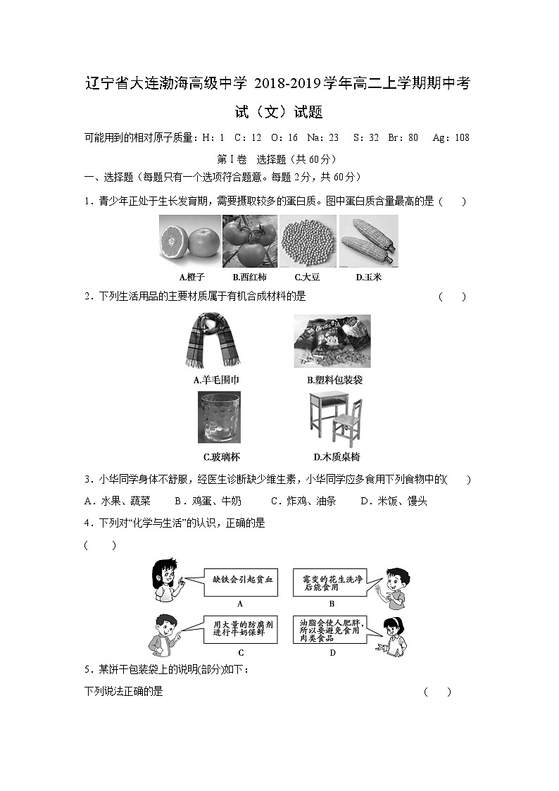 【化学】辽宁省大连渤海高级中学2018-2019学年高二上学期期中考试（文）试题01
