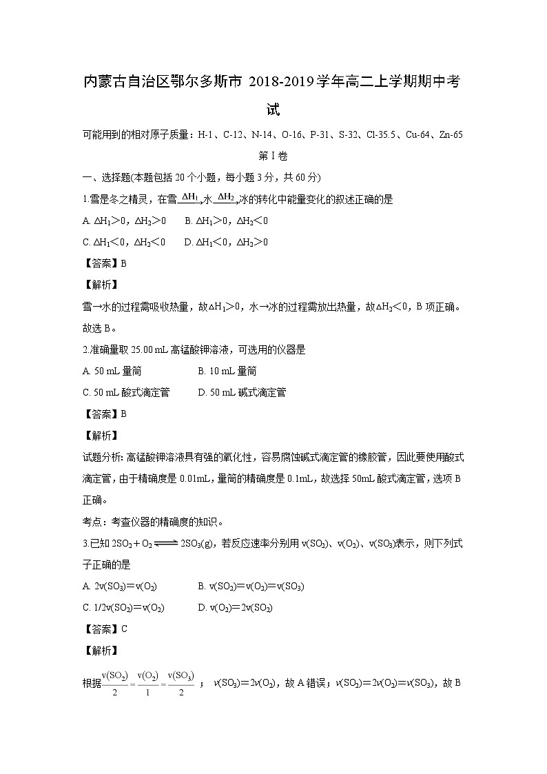 【化学】内蒙古自治区鄂尔多斯市2018-2019学年高二上学期期中考试（解析版）01