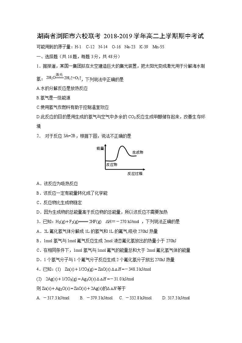 【化学】湖南省浏阳市六校联考2018-2019学年高二上学期期中考试01