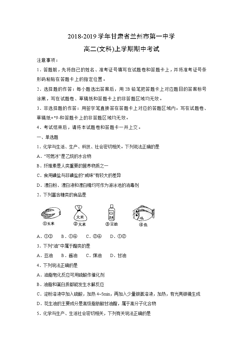 【化学】甘肃省兰州市第一中学2018-2019学年高二（文科）上学期期中考试（解析版）01