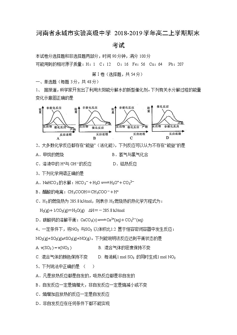 【化学】河南省永城市实验高级中学2018-2019学年高二上学期期末考试01